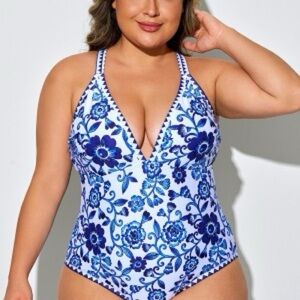 SHEIN Blue Floral One Piece Swimsuit Size 1X NWOT